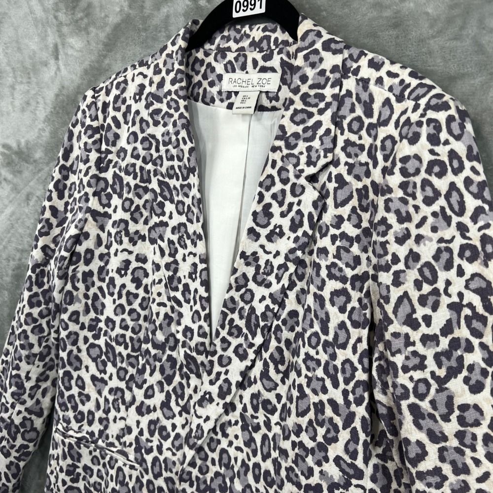 Rachel Zoe Blazer Women L Gray Leopard Print Linen Blend Preppy - Picture 6 of 12
